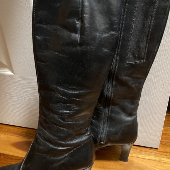 Black leather 14” high boots plus 3” heel and gold metal tip detail on toes. - Picture 4 of 5